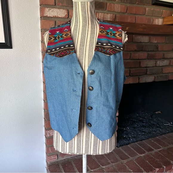 Vintage Handmade Western Aztec Print Denim Vest Sz M/L - Picture 2 of 9